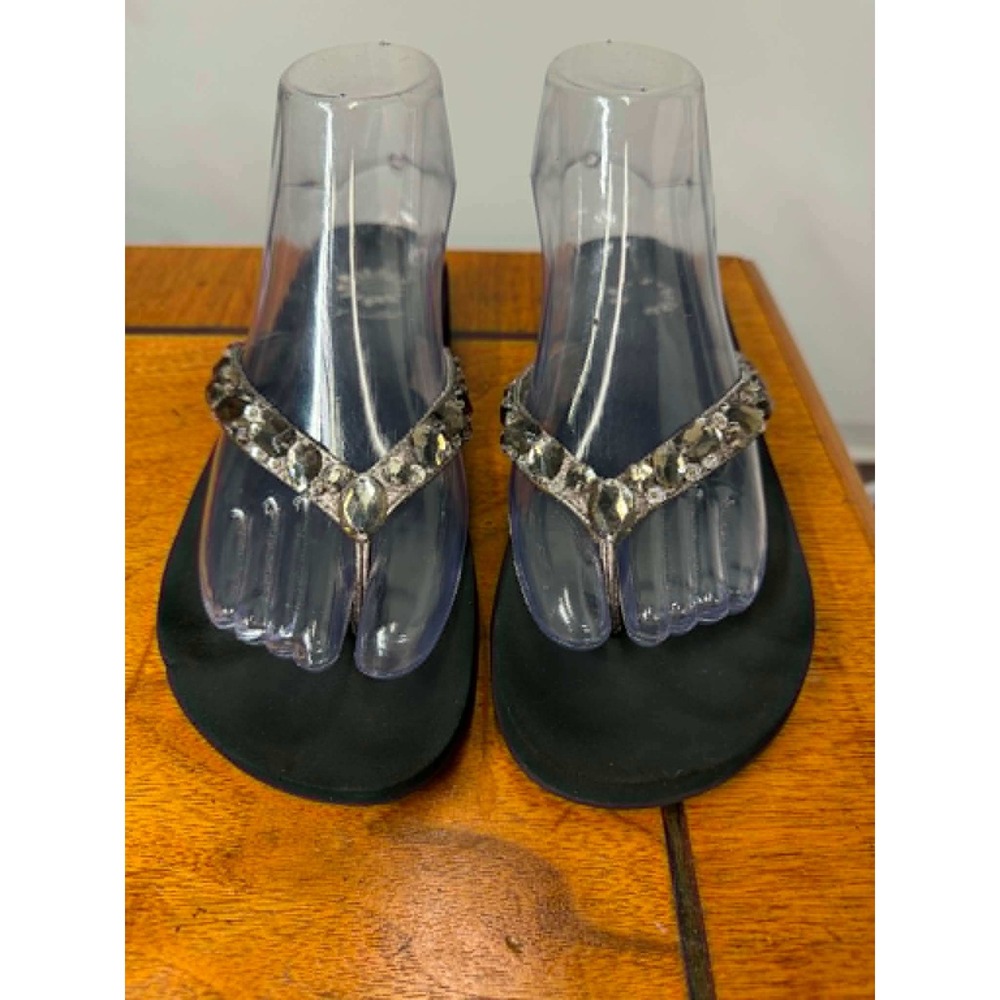 Yellow Box Libby Black Rhinestone Wedge Flip Flop Sandals Womens 9 Leather Upper